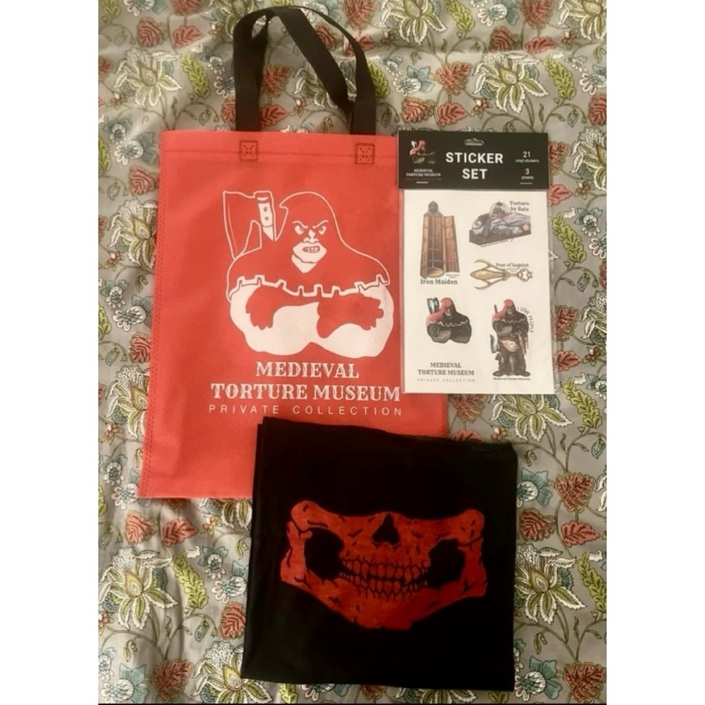 NEW Medieval Torture Museum Hollywood Gift Bag Skull Neck Gaiter Mask Stickers